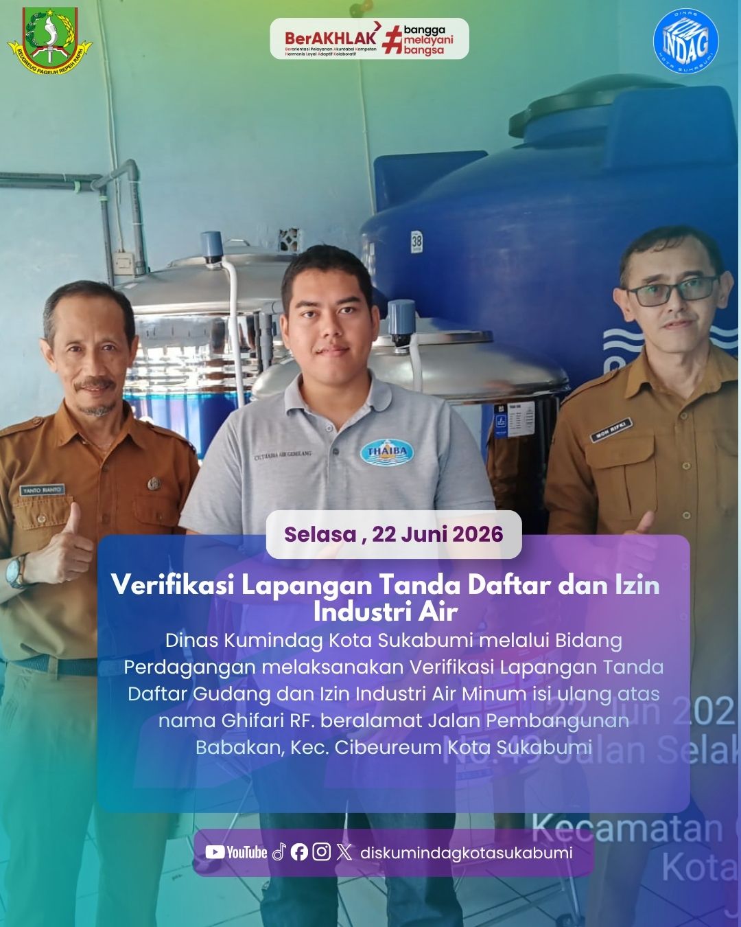Verifikasi Lapangan Tanda Daftar Gudang dan Izin Industri Air Minum isi ulang